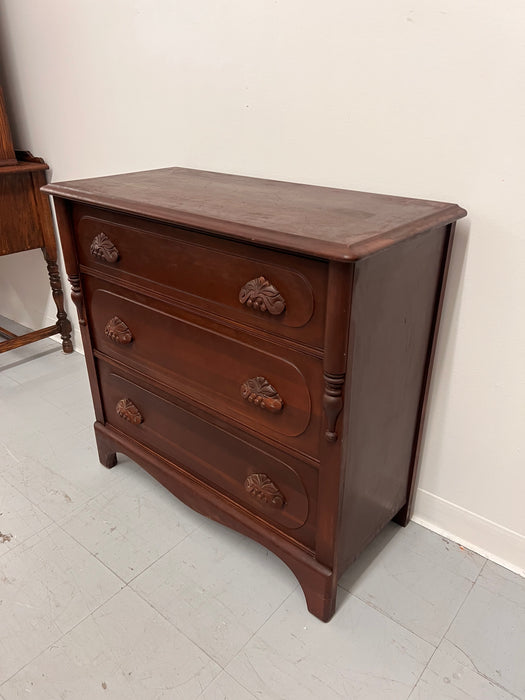 Vintage Mahogany Wood Dresser 3-Dovetailed Drawers with Solid Wood Ornate Pine Cone Handle Design