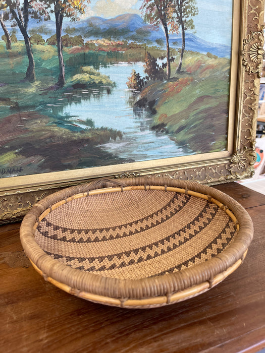 Vintage Likely Early 20th Century Native American Mission Basketry Bowl with Stepped Geometric Pattern.