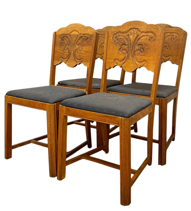 Vintage Set of 4 Carved Dining Chairs with Upholstered Seats.