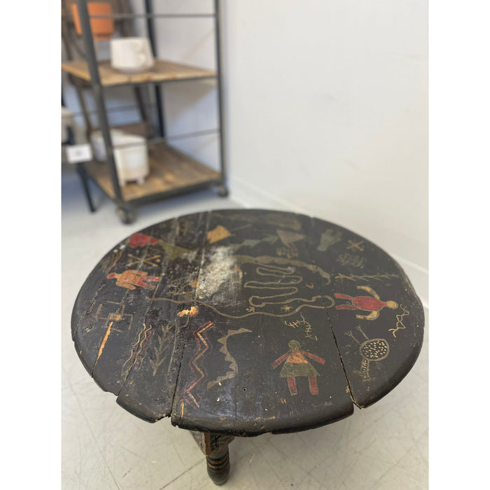 Vintage Black Moroccan Round Table With Primitive Illustrations