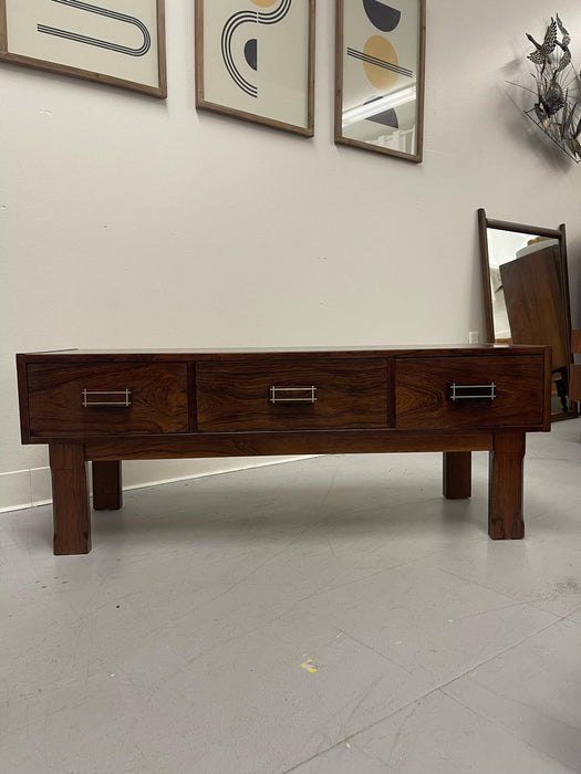 Imported Vintage Danish Modern Rosewood Low Console Coffee Table With Wood Inlay.