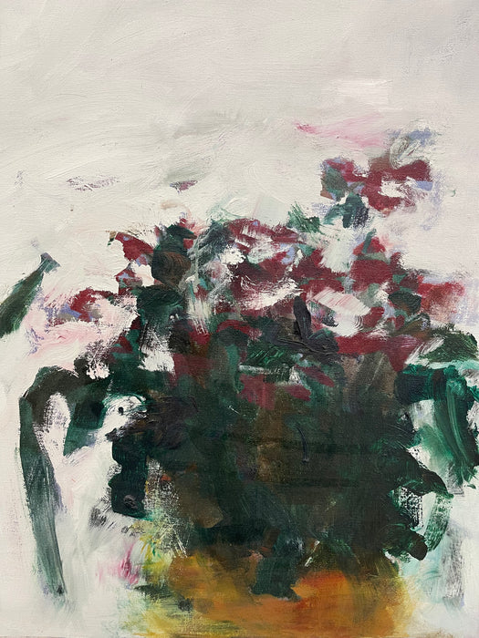 Large Contemporary Abstract Floral Painting on Canvas in Silver Frame, White Blossoms Still Life