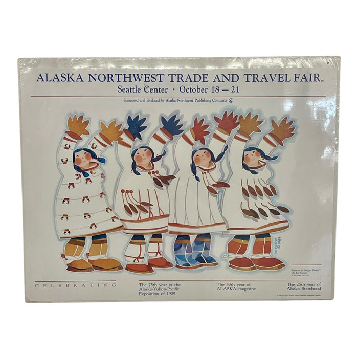 1984 Alaska Northwest Trade and Travel Fair Poster by Rie Munoz, Dancers in Sealgut Parkas, Seattle Center
