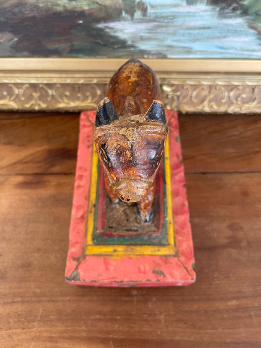 Likely Antique Hand-Carved Wooden Cow Figurine on Painted Base - Folk Art Sculpture