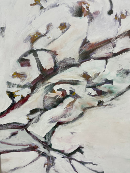 Large Contemporary Abstract Floral Painting on Canvas in Silver Frame, White Blossoms Still Life