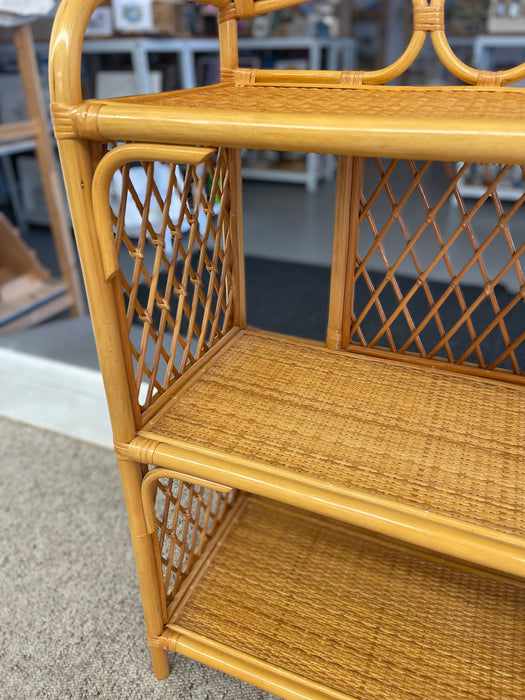 1970s Vintage Likely Rattan and Wicker Shelf with Diamond Lattice Sides and Circle Motif