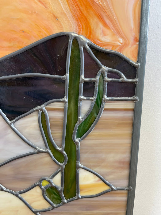 Vintage Stained Glass Wall Art of Scenic Desert Landscape.