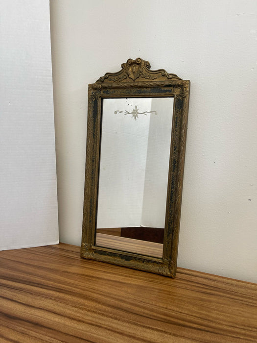 Antique Arched Sculpted Wood Frame Mirror With Floral Etching.