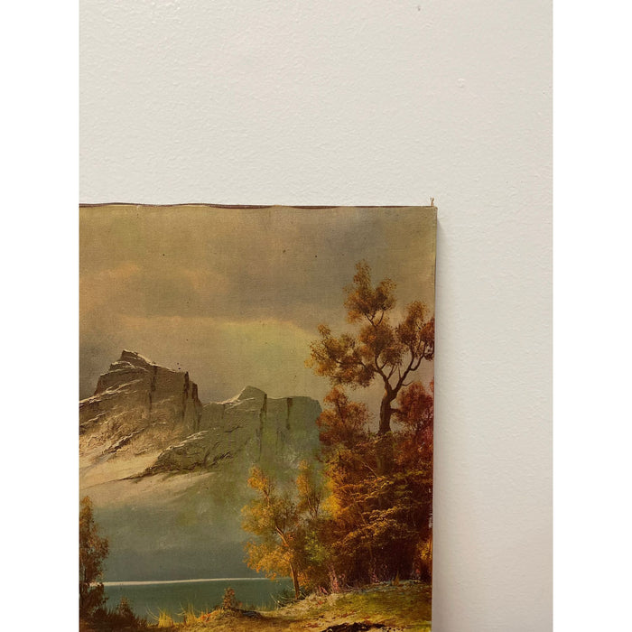 Vintage Landscape Print on Canvas. Mountains Over a Lake.