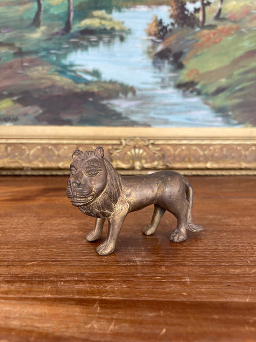 Likely Antique Possibly Hand-Cast Bronze Toned Lion Figurine with Folk Art Styling