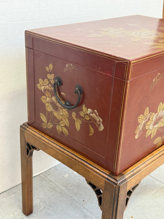 Vintage Mid Century Modern Style Asian Lacquered Style Storage Accent Table with Floral & Bird Motif with Removable Chest