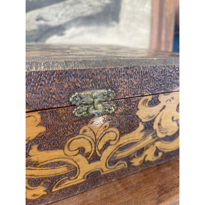 Wooden Box With Pyrography Mosaic and Hinge Clasp.