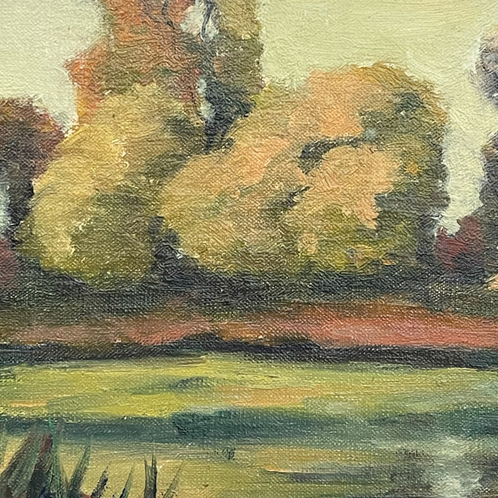 Signed Landscape Painting of Pond with Autumn Trees in Wood Frame