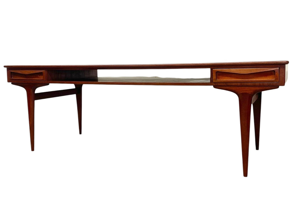 Vintage Mid Century Modern Danish Style Coffee Table with Sculpted Drawer Pulls and Open Shelf Storage