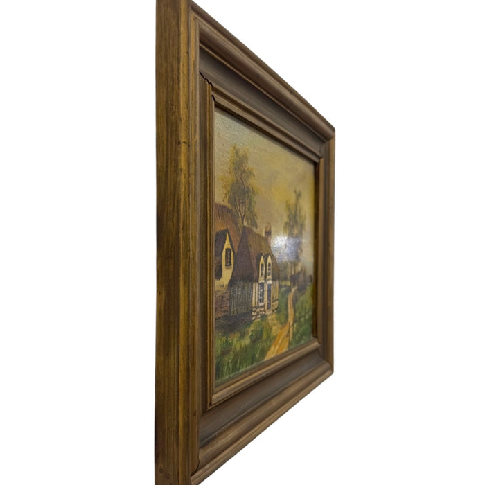 Vintage Unsigned Cottage Landscape Oil Painting – Framed European Countryside Scene