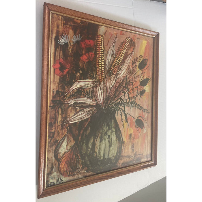 Vintage Signed and Framed Print of Corn Husk Bouquet