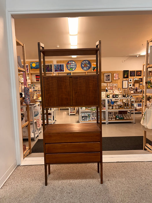 Vintage Mid Century Modern Free Standing Room Divider Wall Unit Cabinet with 3-Drawers and Finished Back