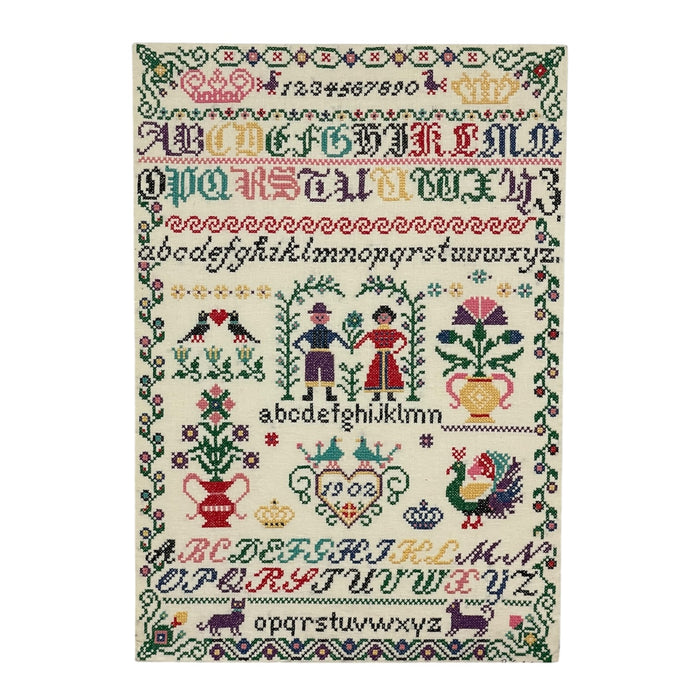 Vintage Hand-Stitched Cross Stitch Alphabet Sampler Needlework Folk Art Textile