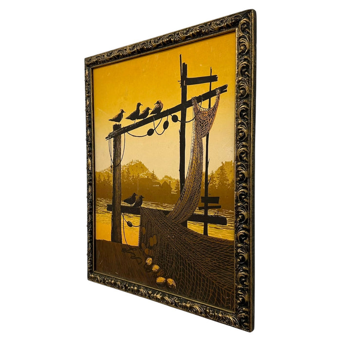 Vintage Walton Butts "Fishnets" Signed Serigraph – Mid-Century Modern Coastal Harbor Silkscreen Print.