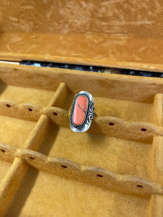 Vintage Adjustable Ring with Oval Orange Stone and Scrollwork Setting