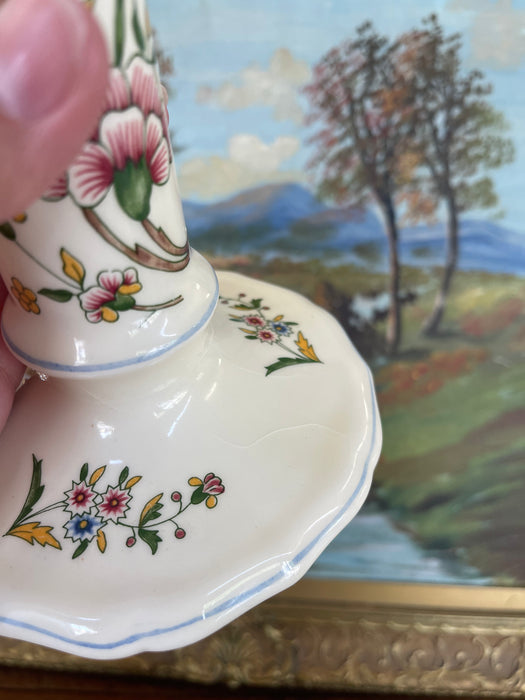 Pair of Hand-Painted French chinoiserie Style Gien France Ceramic Candlesticks - Floral Motif, Stamped