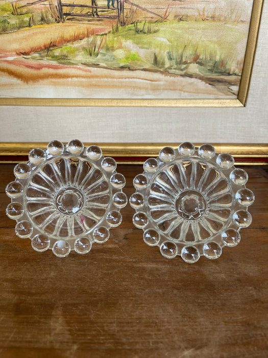 Vintage Pressed Glass Candle Holders with Hobnail Edge, Set of Two