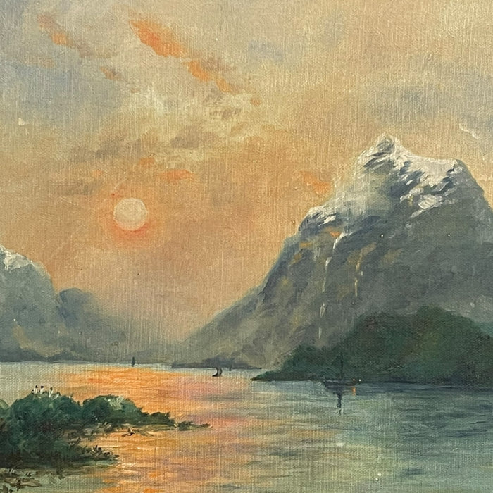 Vintage Framed Mountain Landscape Painting, Snow-Capped Peaks at Sunset, Mid-Century Scenic Wall Art.