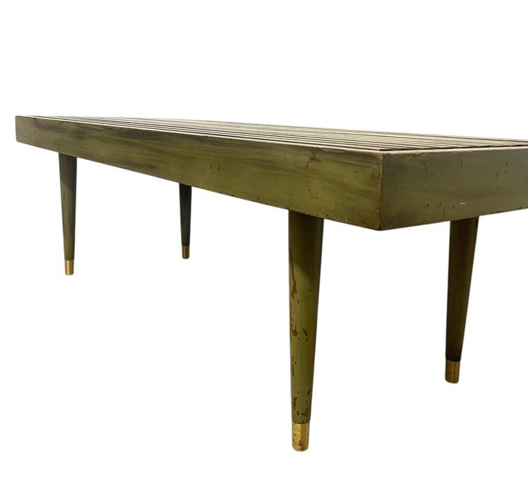 Vintage Mid Century Modern Slatted Wood Bench with Tapered Legs and Brass-Toned Caps