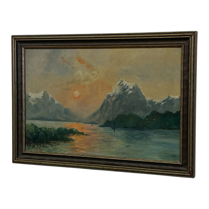 Vintage Framed Mountain Landscape Painting, Snow-Capped Peaks at Sunset, Mid-Century Scenic Wall Art.