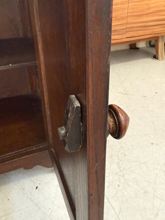 Vintage UK Imported Accent Table or Side Cabinet with Welsh Influences Carved Possibly Oak Door with Drop Hinges Dark Stained Wood