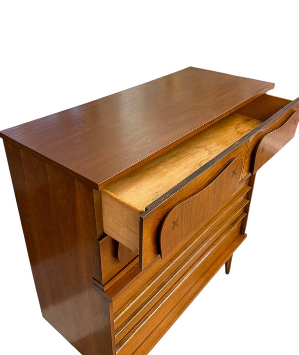 Vintage Bassett Monterey Mid-Century Modern Walnut 5-Drawer and 9-Drawer Dresser Set with Rosewood ‘X’ Inlays by Leo Jiranek Circa 1963