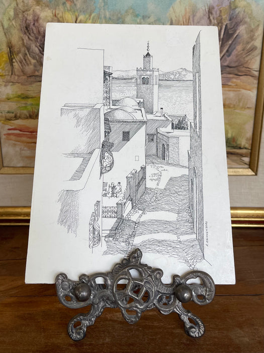 Vintage 1971 Tunis Tunisia Architectural Ink Drawing by K. Winnenberg, Street Scene Artwork