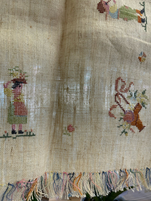 Vintage Hand-Embroidered Linen Tablecloth with Figural Motif and Fringe Border