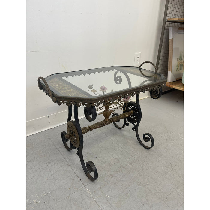 Vintage Wrought Iron Side Table With Ornate Detailing and Glass Top.
