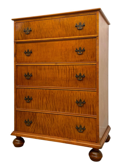 Vintage 5-Drawer Chest with Figured Wood Grain, Dovetailed Drawers and Brass-Toned Hardware