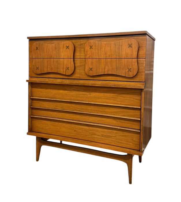 Vintage Bassett Monterey Mid-Century Modern Walnut 5-Drawer and 9-Drawer Dresser Set with Rosewood ‘X’ Inlays by Leo Jiranek Circa 1963