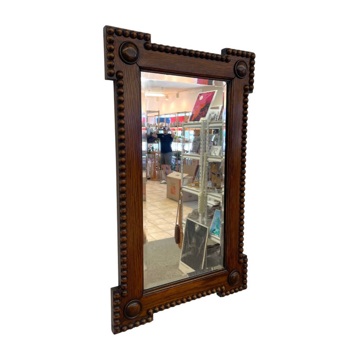 Antique Bobbin Turned Oak Wall Mirror – Arts and Crafts Style Spool Beaded Wood Frame with Beveled Glass