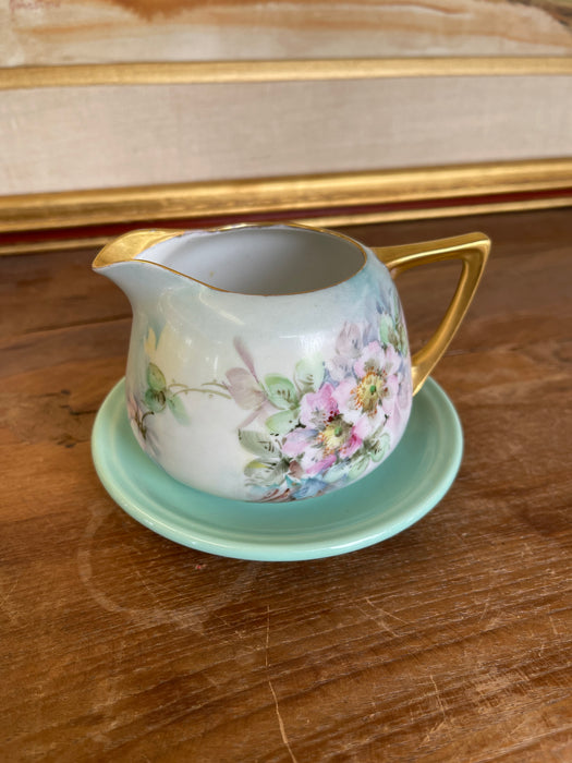 Vintage Hand-Painted Floral Creamer and Saucer Set with Gold Trim