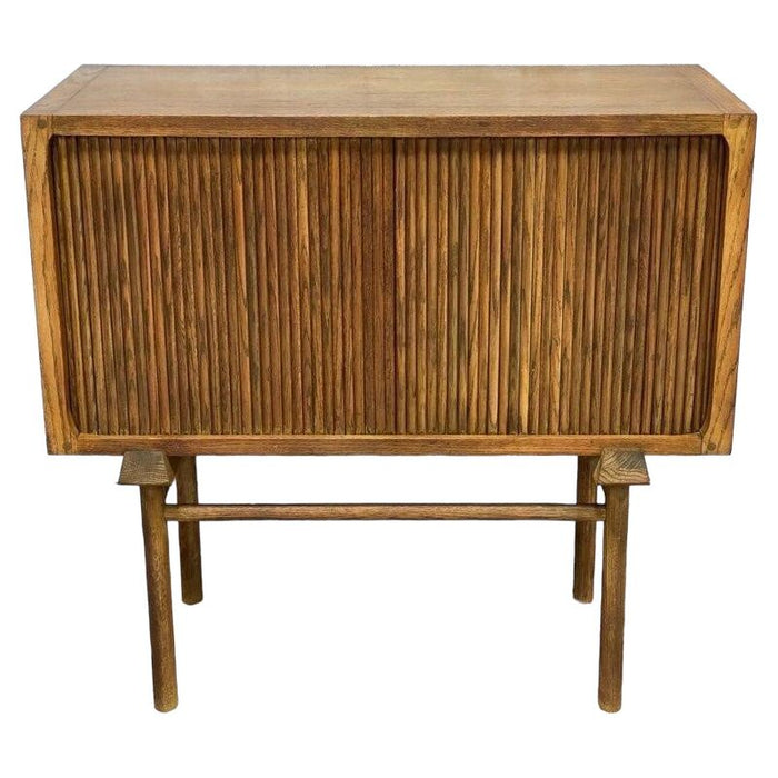 SKU 08262301 Vintage Mid Century Modern Solid Oak Record Cabinet or Credenza Tambour Doors (Available by Online Purchase Only)