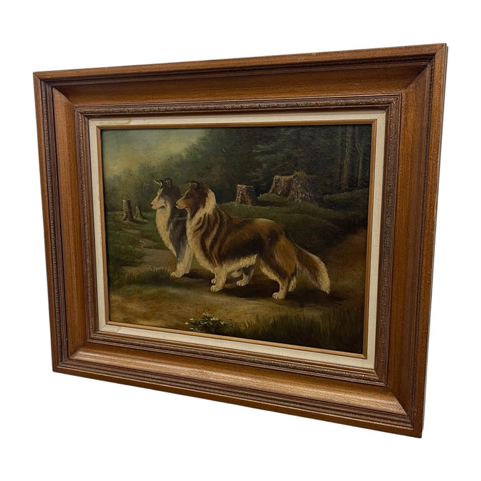 Antique Framed Oil Painting of Two Collie Dogs in Woodland Landscape, Traditional Canine Portrait Possibly 1890s