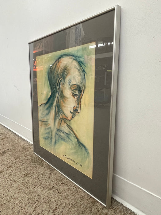 Vintage Mid Century Modern '90 Pastel Portrait Drawing Signed M. Costello, Framed Original Artwork