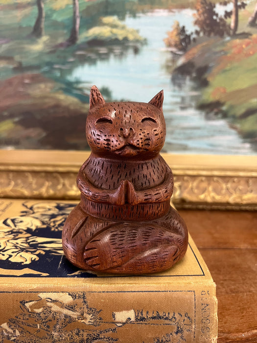 Handmade Solid wood Yoga Cat Sculpture.