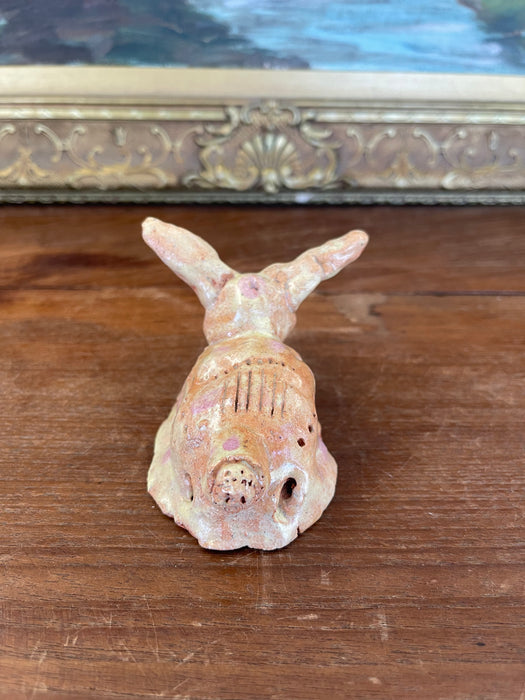 Whimsical Hand-Built Ceramic Creature Sculpture with Long Ears and Textured Colorful Glaze