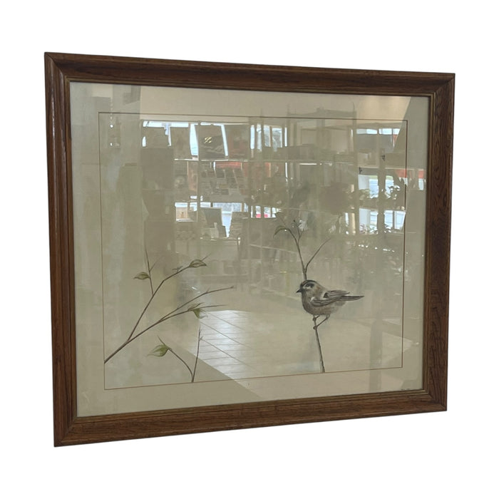 Vintage Framed Bird Illustration with Double Mat and Wood Frame Mixed Media
