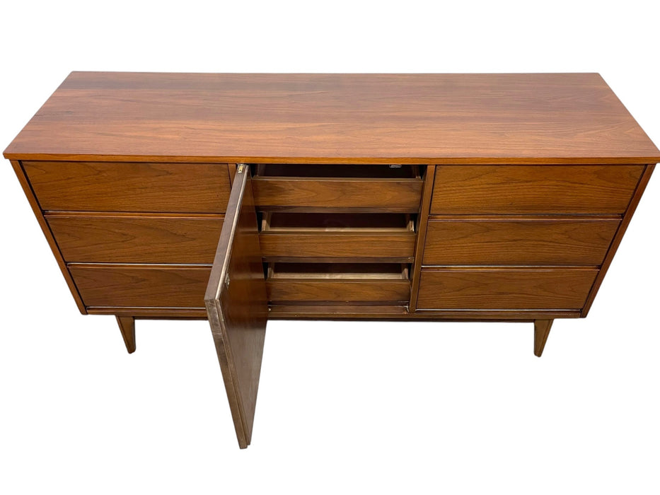 Vintage Mid Century Modern Walnut Toned Credenza with Cane Door Front and Dovetailed Drawers
