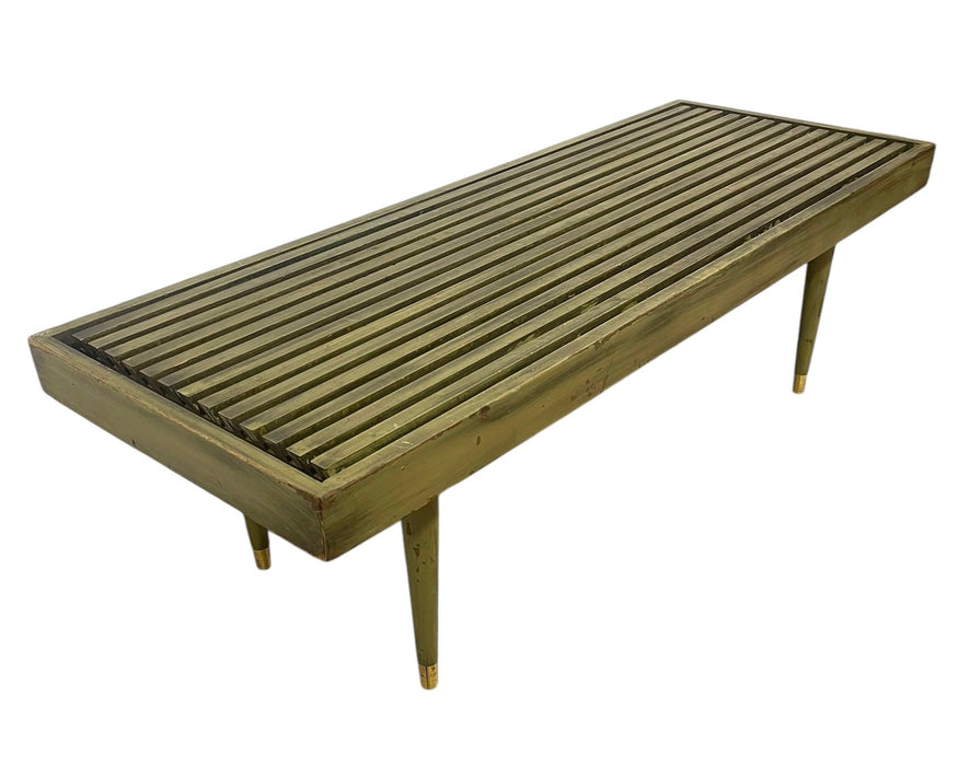 Vintage Mid Century Modern Slatted Wood Bench with Tapered Legs and Brass-Toned Caps