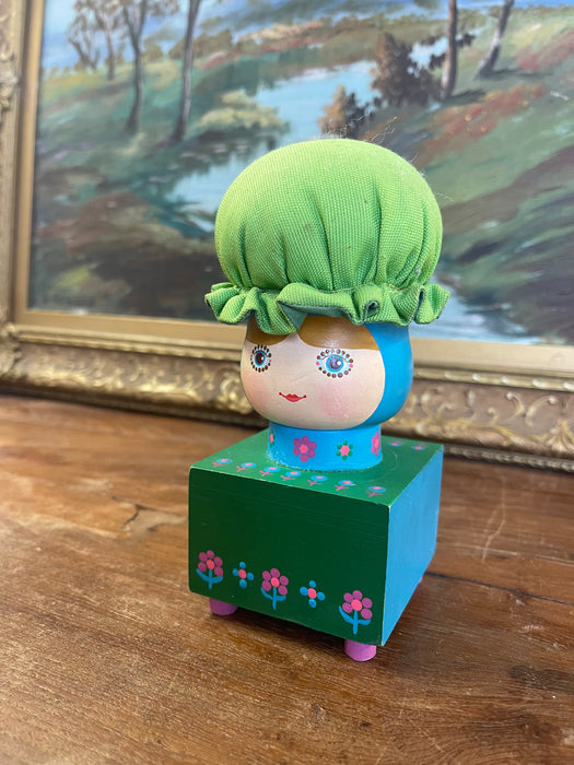 Vintage Hand-Painted Folk Art Doll Figurine on Wooden Block Base with Fabric Bonnet, Signed Mary Maki Rae