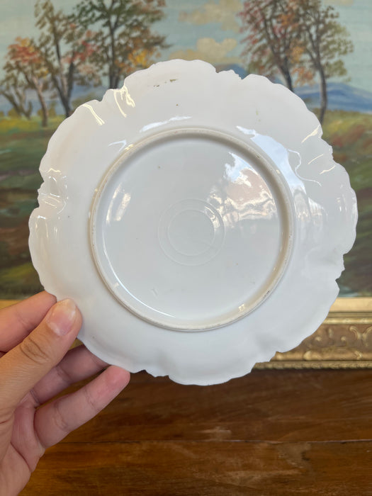 Hand-Painted Cabinet Plate with Green and Gold Toned Ombre Border and
Purple Floral Sprays
