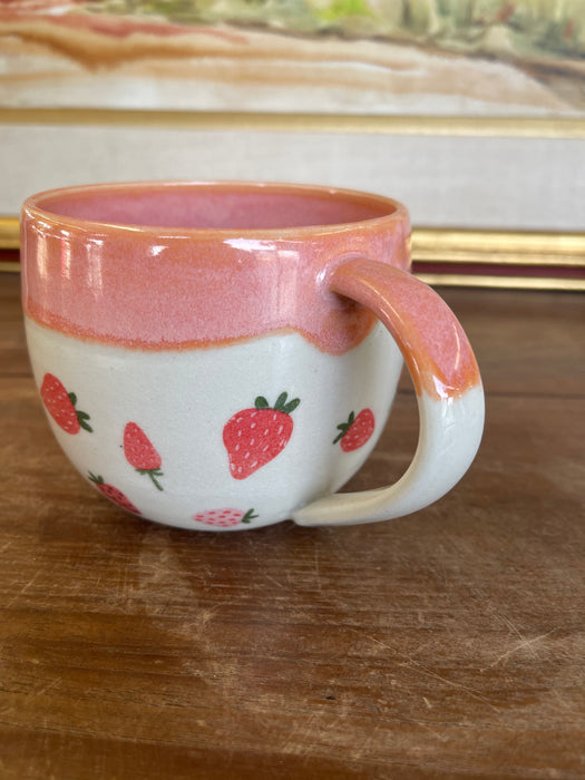 Handmade Wheel-Thrown Ceramic Strawberry Mug with Peach Glaze Interior