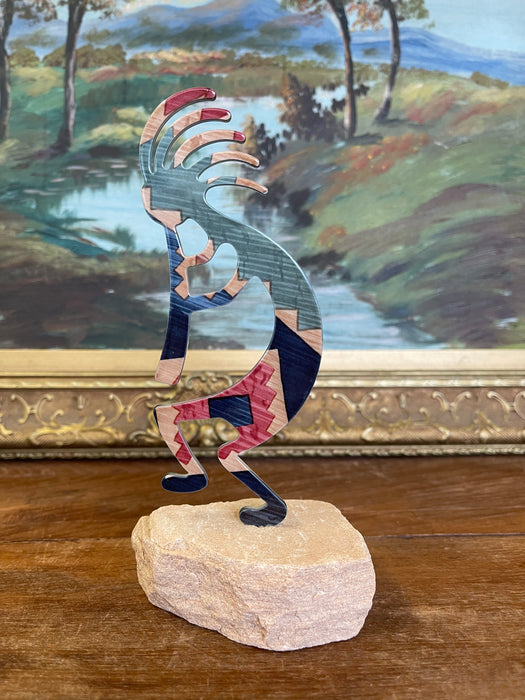 Southwestern Kokopelli Stone Inlay Sculpture on Natural Sandstone Base